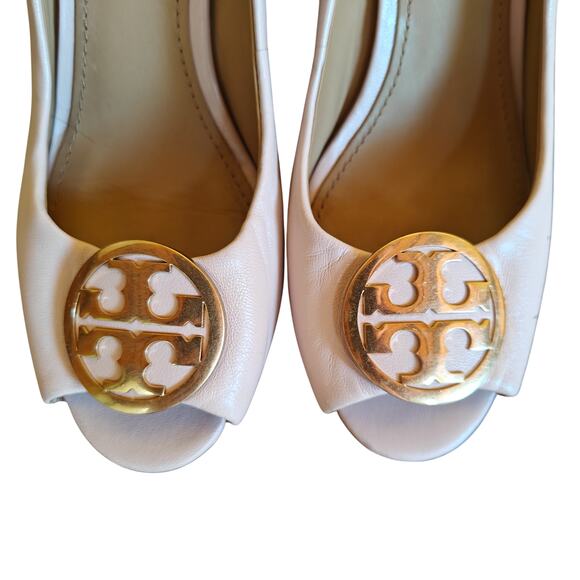 Tory Burch Pink Leather Wedge Peeptoe Heels Gold Logo Size 5M - Picture 3 of 5